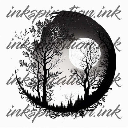 Blackwork tattoo design - Forest and the full moon
