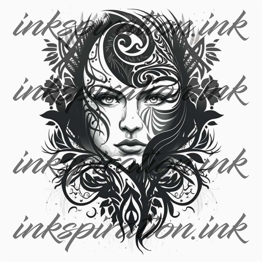 Blackwork Tattoo Design - Woman Covered in Flower Tattoos