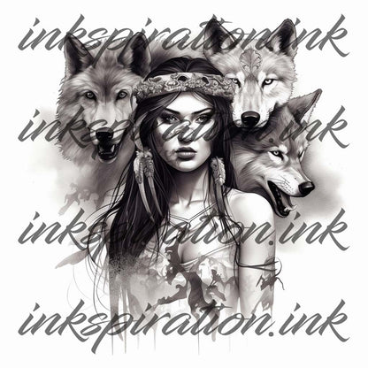 Realistic tattoo design - wild woman with wolfs 1