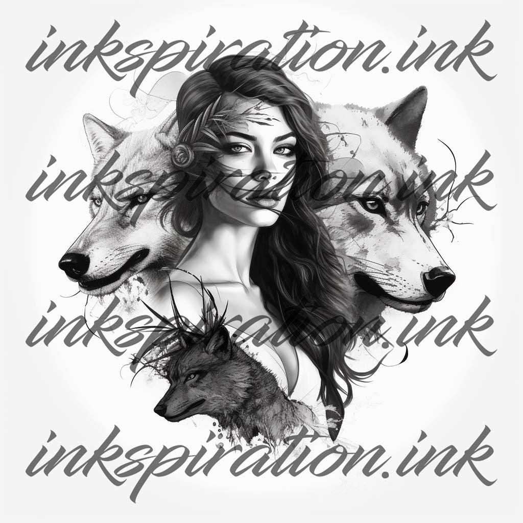 Realistic tattoo design - wild woman with wolfs 2