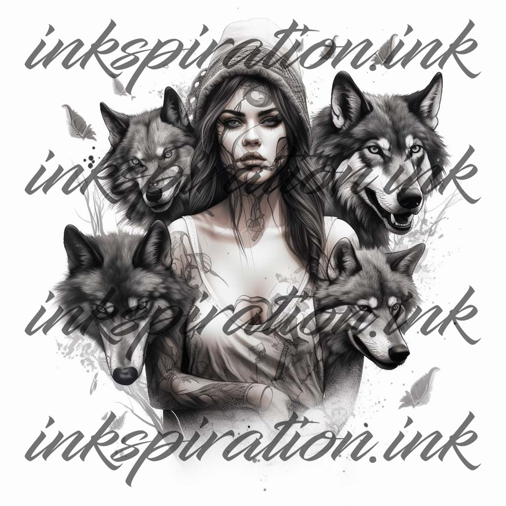 Realistic tattoo design - wild woman with wolfs 3